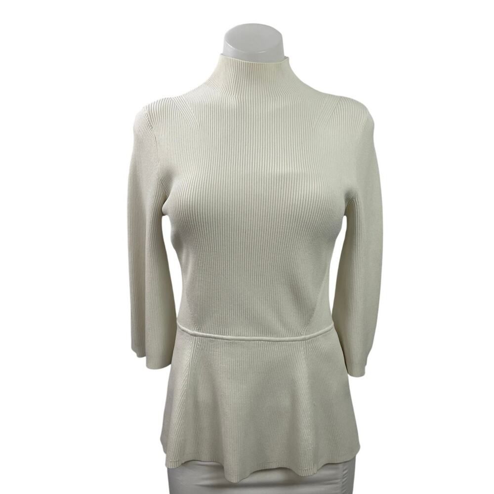 L.K. Bennett White Mock Neck Ribbed Knit 3/4 Sleeve Peplum Sweater Top Size S